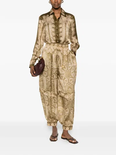Zimmermann Womens Olive Perla Paisley Luna Harem Silk Trousers Xl In Brown