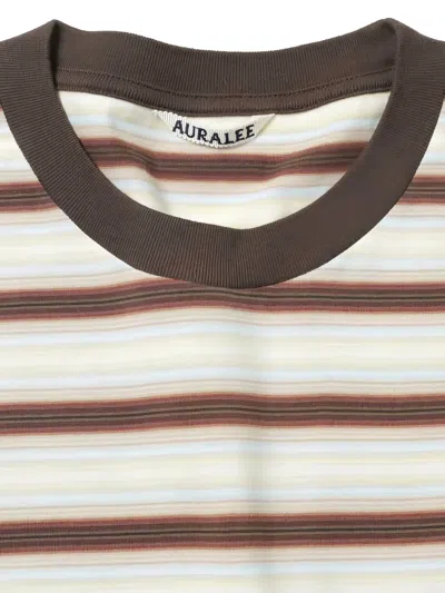 Auralee Embroidered Cotton Crew Neck Striped T Shirt In Brown