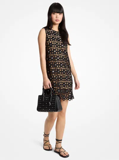 Michael Kors Mirror Embellished Floral Crochet Dress In Black