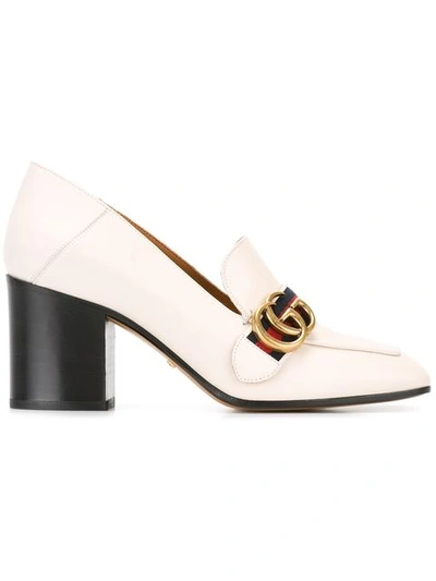 Gucci Striped Web Mid-heel Leather Loafers In White