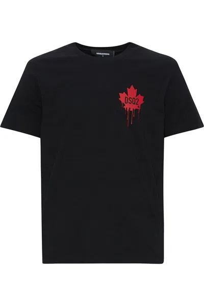Dsquared2 Black T-shirt Featuring Striking Red Maple Leaf In Multi