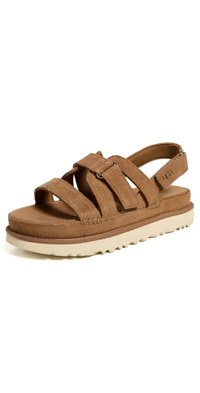 Ugg Goldenstar Flat Slingback Suede Sandals In Brown