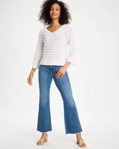 Chico's Metallic Striped Pullover Sweater In White In White