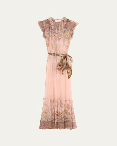 Zimmermann Alchemy Belted Paisley-print Chiffon Midi Dress In Pink