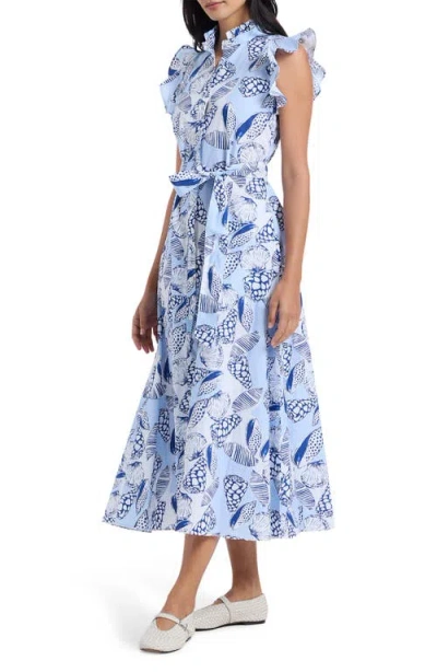 Robert Graham Sadie Shell Print Cap Sleeve Cotton Shirtdress In Blue