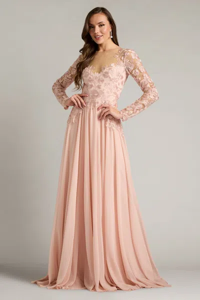 Tadashi Shoji Illusion Lace Embroidered Sleeve Gown In White
