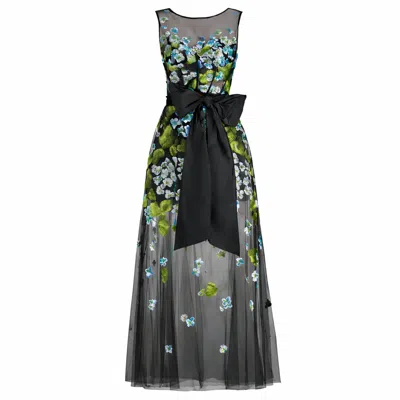 Mac Duggal Sleeveless Mesh Applique Gown With Bow Belt In Black