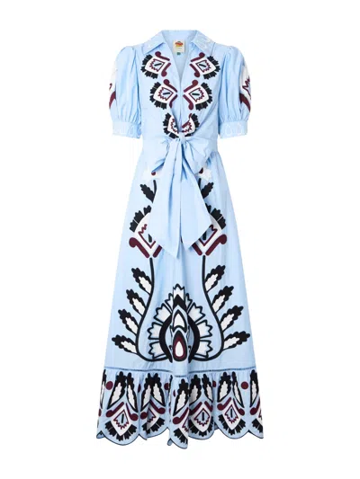 Farm Rio Blue Artisanal Embroidered Lace Front Bow Maxi Dress In Gray