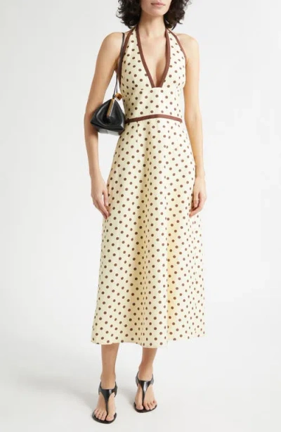 Posse Bowie Polka-dot Linen And Cotton-blend Halterneck Midi Dress In Yellow