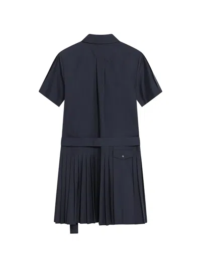 Loewe Structured Cotton-blend Gabardine Button-front Short Dress With Pleated Skirt And D-ring Belt In Blue