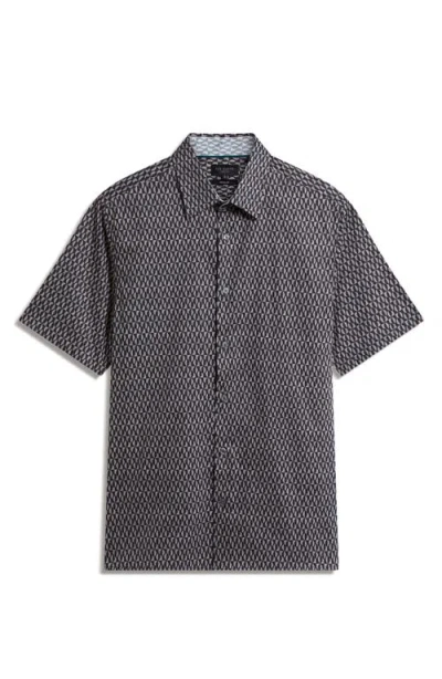 Ted Baker Cambay Geometric Leaf Print Short Sleeve Shirt In Blue