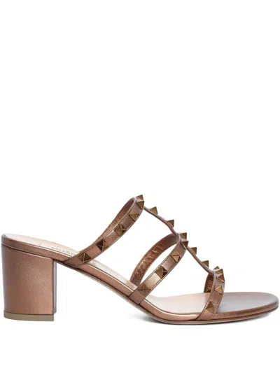 Valentino Garavani Brown Rockstud Metallic Calfskin Leather Slide Sandals