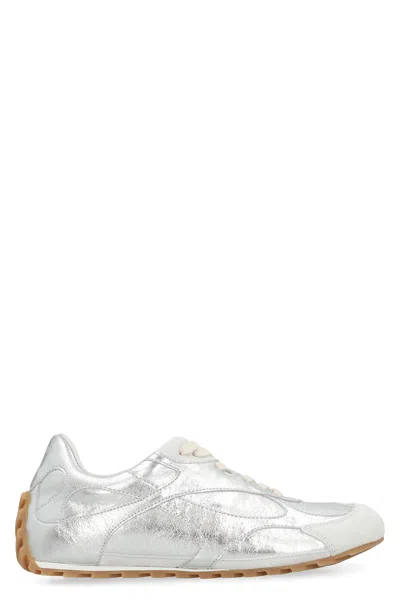 Bottega Veneta Orbit Flash Suede-trimmed Metallic Crinkled-leather Sneakers In Silver