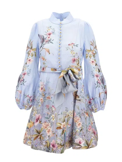Zimmermann Rebellion Multicolor Midi Dress With Bow Detail On The Front And All-over Floral Print In Linen Woma In Blue
