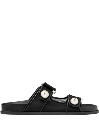 Jimmy Choo Fayence Leather-trimmed Faux Pearl-embellished Mesh Slides In Black