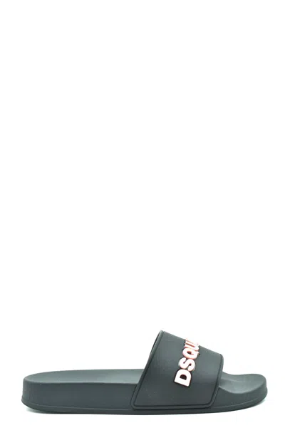 Dsquared2 Contemporary Black Slides With Contrasting Raised Lettering In Black