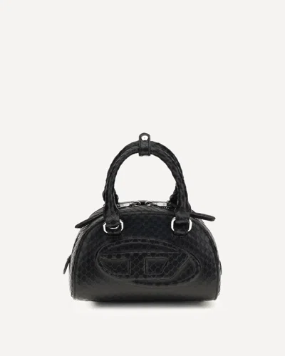 Diesel 1dr Dome-mini Bowling Bag In Snake-effect Leather In Black