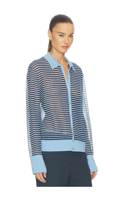 Frame The Collared Stripe Cottpn Blend Cardigan In Blue