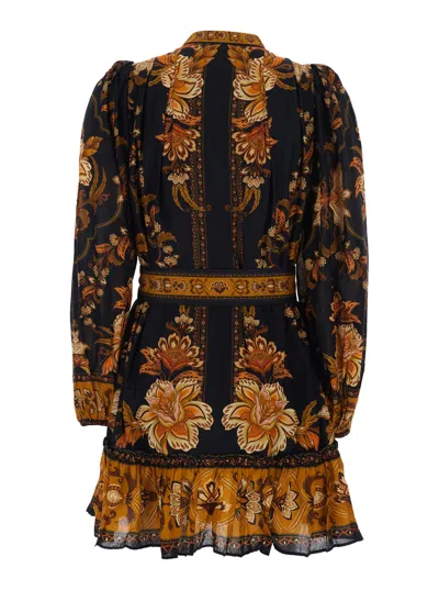 Farm Rio Majestic Garden Multicolor Crewneck Mini Dress With All-over Floral Motif And Front Belt In Cotton W