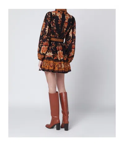 Farm Rio Majestic Garden Multicolor Crewneck Mini Dress With All-over Floral Motif And Front Belt In Cotton W