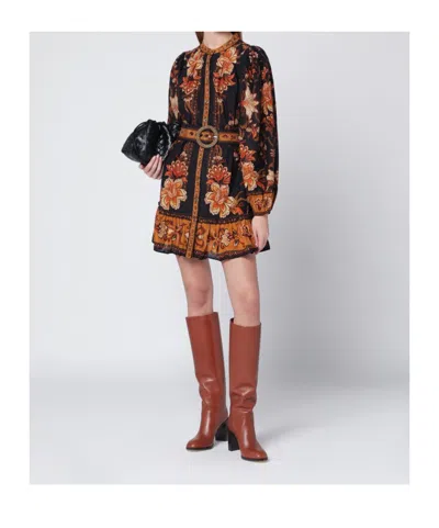 Farm Rio Majestic Garden Multicolor Crewneck Mini Dress With All-over Floral Motif And Front Belt In Cotton W