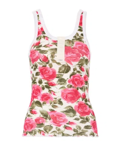 Chloé Cotton Henley Tank Top With All-over Floral Pattern In Pink