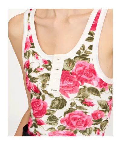 Chloé Cotton Henley Tank Top With All-over Floral Pattern In Pink