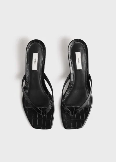 Totême Minimalist Black Leather Thong Sandals With Square Toe And Low Heel In Multi