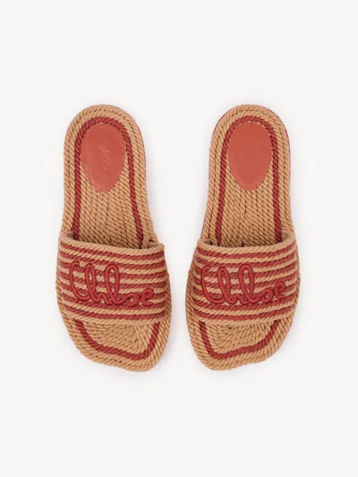 Chloé Womens Pink Striped Raffia Flat Sandals Eur 39 / 6 Uk In Red