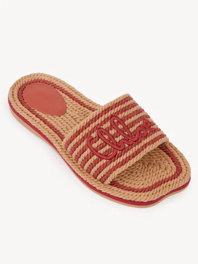 Chloé Womens Pink Striped Raffia Flat Sandals Eur 39 / 6 Uk In Red