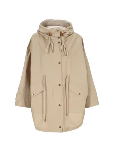 Moncler Coat With Hood In Blended Cotton In Sand
