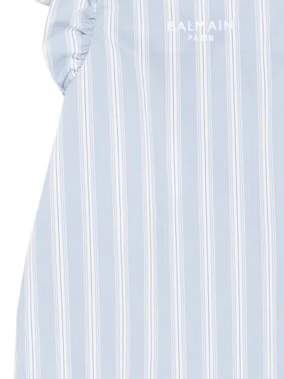 Balmain Ruffle Striped Romper In Blue