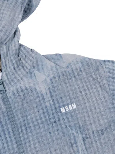 Msgm Hooded Checked Denim Jacket In Blue