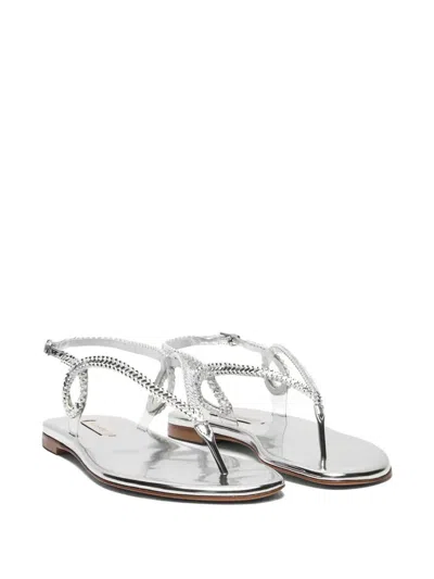 Casadei Silver Calf Leather Bos Taurus Flat Sandals In Gray