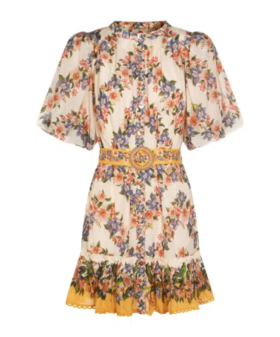 Farm Rio Sand Hilo Belted Short-sleeve Mini Dress In Neutral
