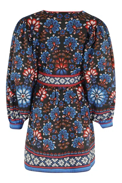 Farm Rio Black Latina Scarf Puff Sleeve Organic Cotton Mini Dress In Blue