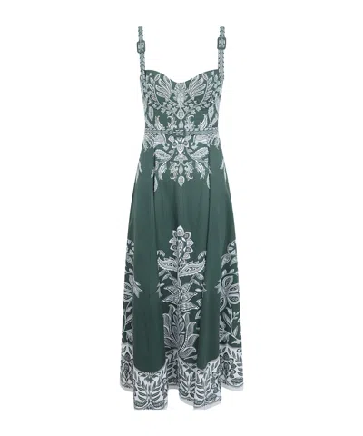 Farm Rio Miranda Buckles Floral Belted Midi Dress In Green
