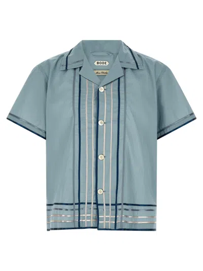 Bode Striped Cotton Bowling Shirt With Cuban Collar And Short Sleeves In Light Blue
