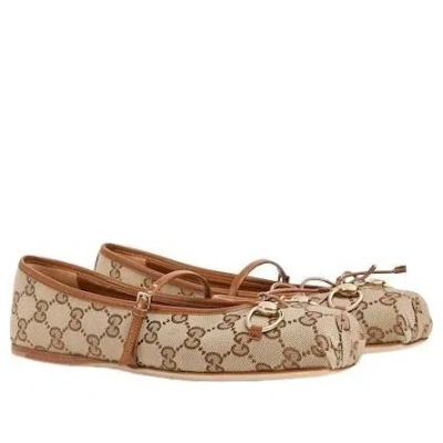 Gucci Fabric Ballet Flats With Adjustable Strap For Women In Brown