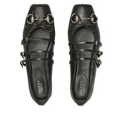 Gucci Nappa Leather Square Toe Ballerina With Horsebit Detailing In Black