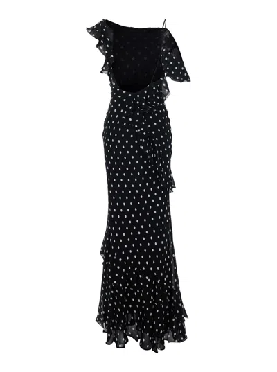 Self-portrait Long Dress Black Polka Dot With V-neck In Black Georgette For Women In Multi
