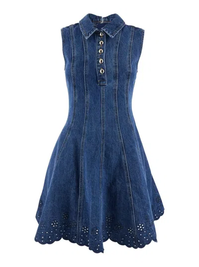 Self-portrait Paneled Broderie Anglaise Denim Mini Dress In Blue