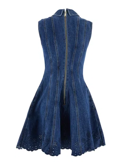 Self-portrait Paneled Broderie Anglaise Denim Mini Dress In Blue