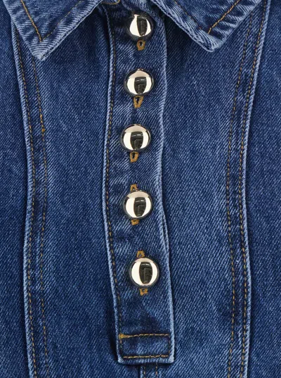 Self-portrait Paneled Broderie Anglaise Denim Mini Dress In Blue