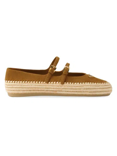 Prada Suede Double Mary Jane Strap Espadrilles In Brown