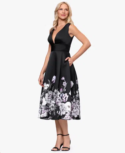 Betsy & Adam Floral Border Plunge Neck Cocktail Midi Dress In Black