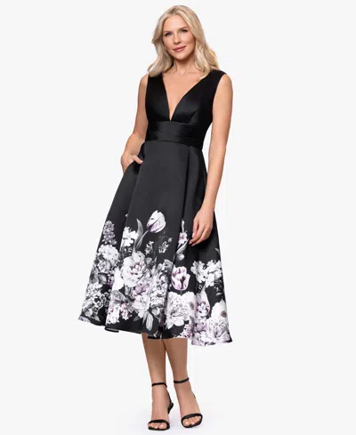 Betsy & Adam Floral Border Plunge Neck Cocktail Midi Dress In Black