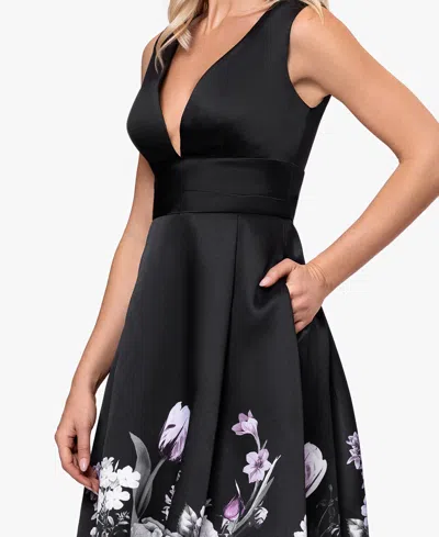 Betsy & Adam Floral Border Plunge Neck Cocktail Midi Dress In Black