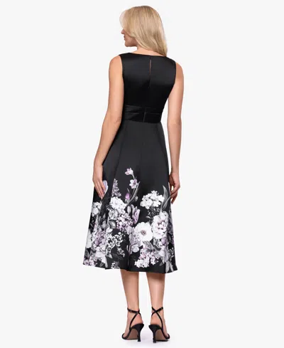 Betsy & Adam Floral Border Plunge Neck Cocktail Midi Dress In Black