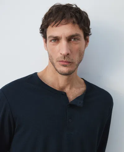 Mango Linen Blend Henley In Blue
